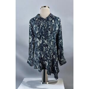 Susan Graver Navy and White Printed Long-Sleeve Blouse